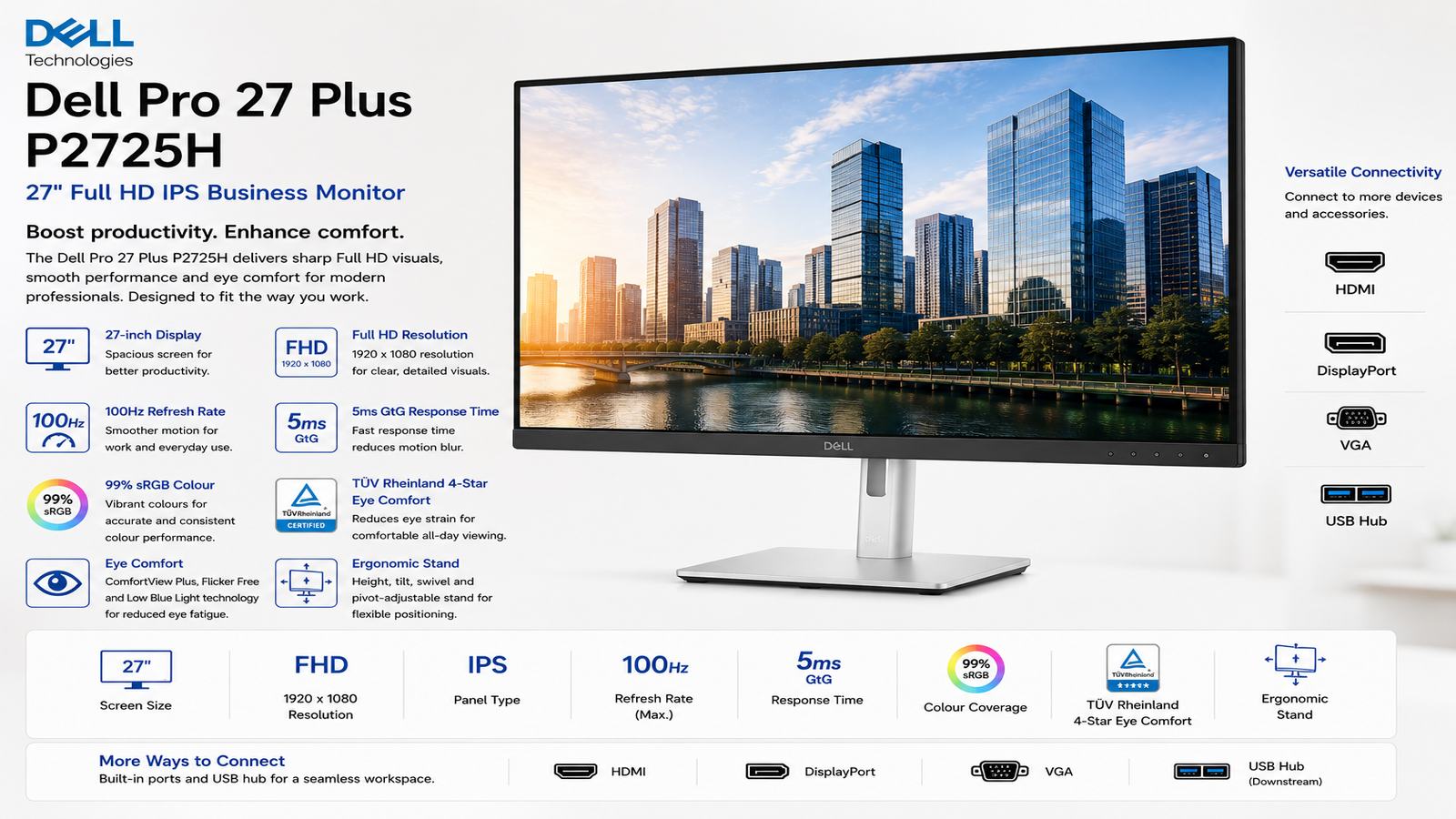 Dell Pro 27 Plus P2725H, Dell Business Monitor, 27-Inch Full HD IPS Display, 1920x1080 Resolution, 100Hz Refresh Rate, 5ms GtG, 99% sRGB, HDMI, DisplayPort, VGA, USB-C 15W, Height/Pivot/Swivel/Tilt Stand, Black and Silver, | P2725H / 210-BMGC